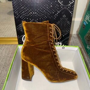 Sam Edelman Velvet Lace-Up Ankle Boot in Mustard Gold